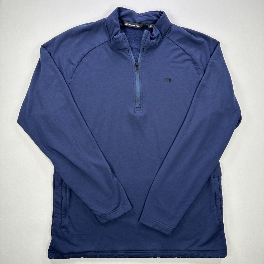 TravisMathew Quarter Zip Pullover Mens M Blue Fleece Lined Kangaroo Pocket Golf